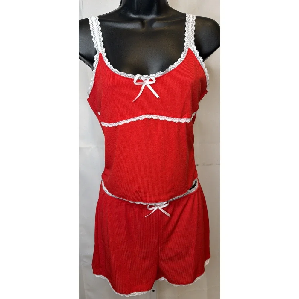 Women Y2K Red Lace Trim Cami Top Shorts 2 Piece Pajama Lounge Set Sleepwear Med
